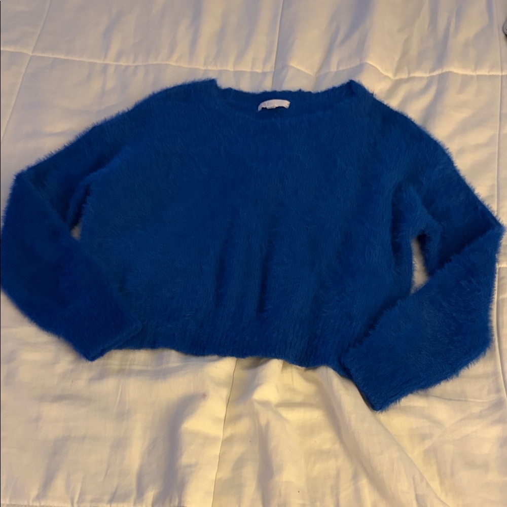GB girls Electric Blue Fuzzy Crewneck Cropped Sweater Size XL